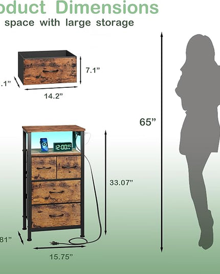 Furnulem 4 Drawer Night Stand with Charging Station, Small Dresser with Led Light, 33 Inch Bedside Table with Wood Shelf and Fabric Bins, Tall Nightstand for Entryway, Bedroom Furniture, Rustic Brown - LeafyLoom