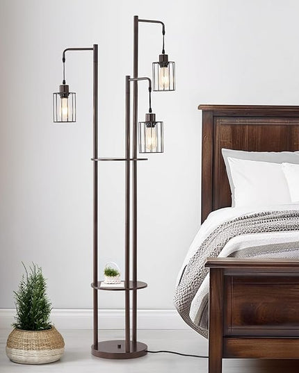 Dimmable floor lamp with tray，Industrial Farmhouse Floor Lamp adjustable Angle，3 Light Rustic Standing Tall Lamp for living room, bedroom and office （bulbs included） - LeafyLoom