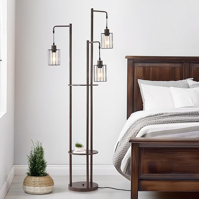 Dimmable floor lamp with tray，Industrial Farmhouse Floor Lamp adjustable Angle，3 Light Rustic Standing Tall Lamp for living room, bedroom and office （bulbs included） - LeafyLoom