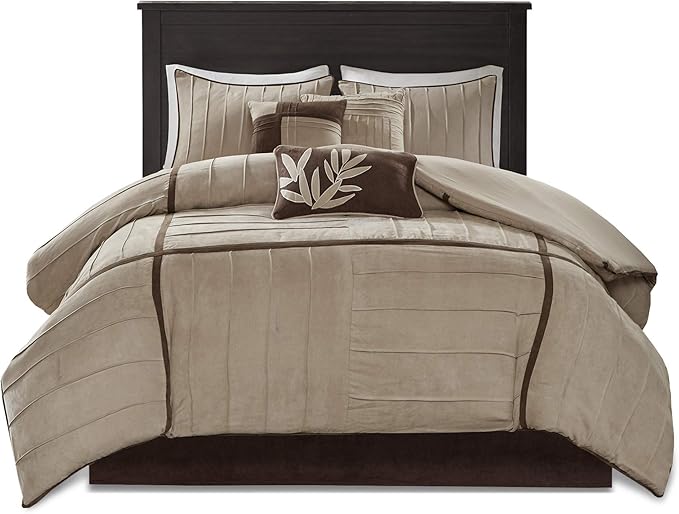Madison Park Cozy Comforter Set Casual Blocks Design All Season, Matching Bed Skirt, Decorative Pillows, Full (82 in x 90 in), Dune Beige/Brown, 7 Piece - LeafyLoom