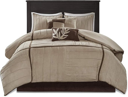 Madison Park Cozy Comforter Set Casual Blocks Design All Season, Matching Bed Skirt, Decorative Pillows, King (104 in x 92 in), Dune Beige/Brown, 7 Piece - LeafyLoom
