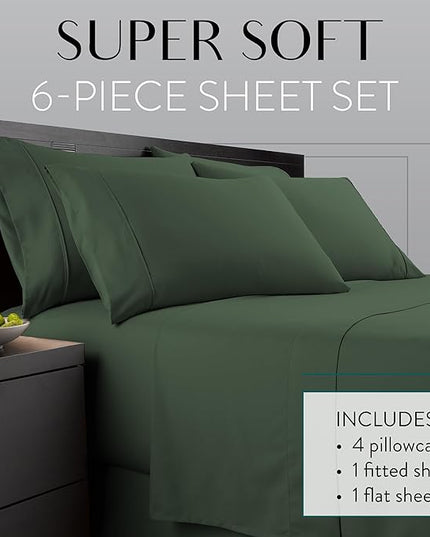 Danjor Linens King Size Sheets Set - 6 Piece Set Including 4 Pillowcases - Deep Pockets - Breathable, Soft Bed Sheets - Wrinkle Free - Machine Washable - Dark Sage King Bed Sheets - 6 pc - LeafyLoom