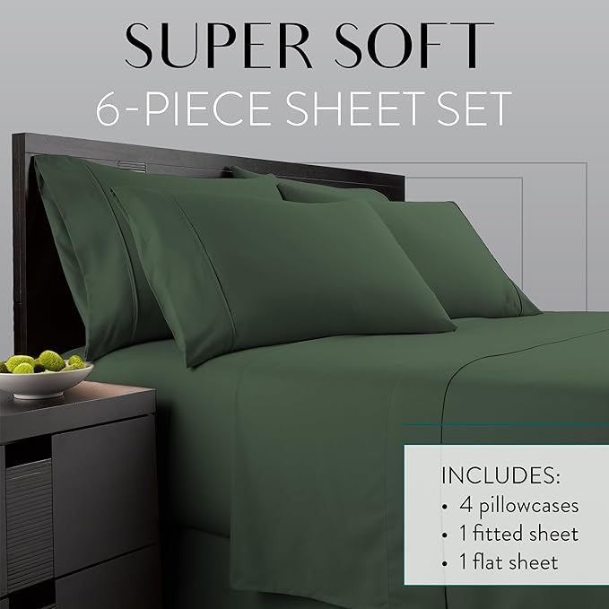 Danjor Linens King Size Sheets Set - 6 Piece Set Including 4 Pillowcases - Deep Pockets - Breathable, Soft Bed Sheets - Wrinkle Free - Machine Washable - Dark Sage King Bed Sheets - 6 pc - LeafyLoom
