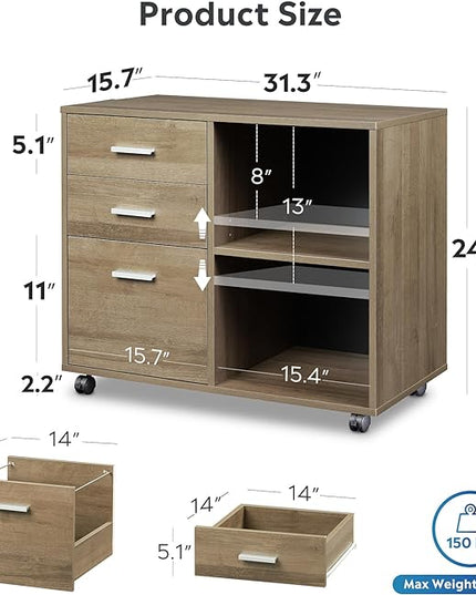 DEVAISE 3-Drawer Wood File Cabinet, Mobile Lateral Filing Cabinet, Printer Stand with Open Storage Shelves for Home Office, Gray Oak - LeafyLoom