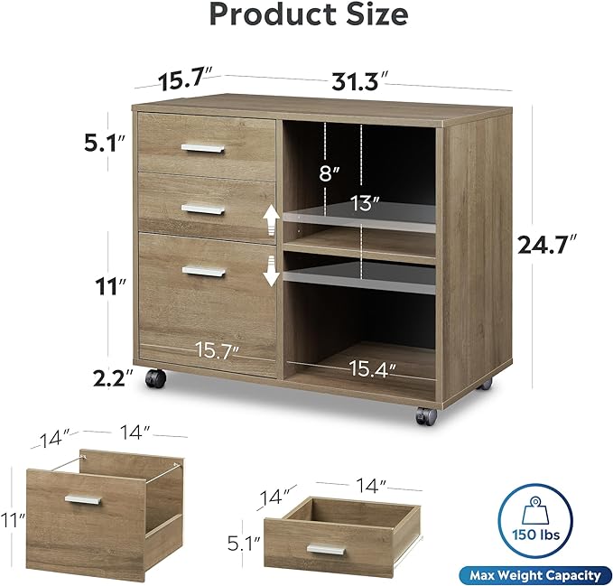 DEVAISE 3-Drawer Wood File Cabinet, Mobile Lateral Filing Cabinet, Printer Stand with Open Storage Shelves for Home Office, Gray Oak - LeafyLoom