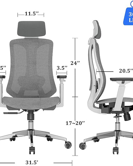 Ergonomic Mesh Office Chair, Computer Desk Chair with 3D Armrests, Adjustable Lumbar Cushion & Adjustable Headrest, High Back Home desk Chair with Tilt Function, Mesh Backrest & Seat - LeafyLoom