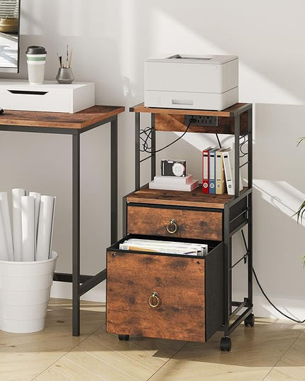 HOOBRO 2-Drawer File Cabinet, Filing Cabinet with Charging Station, Vertical Office Cabinet with Open Storage Shelf, Printer Stand, A4/Letter Size, Nonwovens Drawer, Rustic Brown BF23UWJ01 - LeafyLoom
