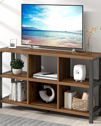 FOLUBAN 6 Cube Storage Organizer Bookshelf, Industrial Horizontal Low Cubby Bookcase for Living Room Bedroom (Rustic Walnut, 47 Inch) - LeafyLoom