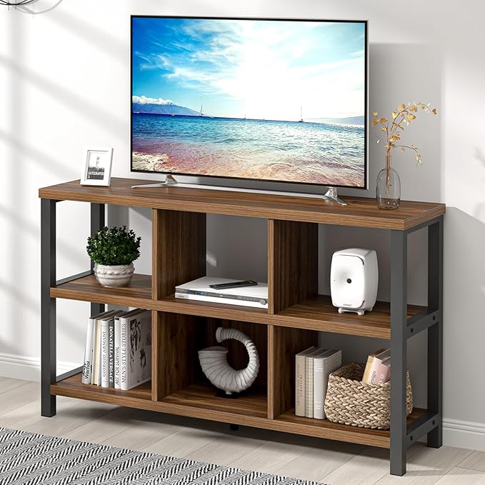 FOLUBAN 6 Cube Storage Organizer Bookshelf, Industrial Horizontal Low Cubby Bookcase for Living Room Bedroom (Rustic Walnut, 47 Inch) - LeafyLoom