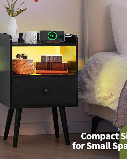 Yoobure Nightstand with Charging Station, Modern Night Stand with LED Lights, Wood Nightstands with Fabric Drawer & Storage Shelf, Night Stands Bedside Table with USB Ports for Bedroom, Office, Home - LeafyLoom