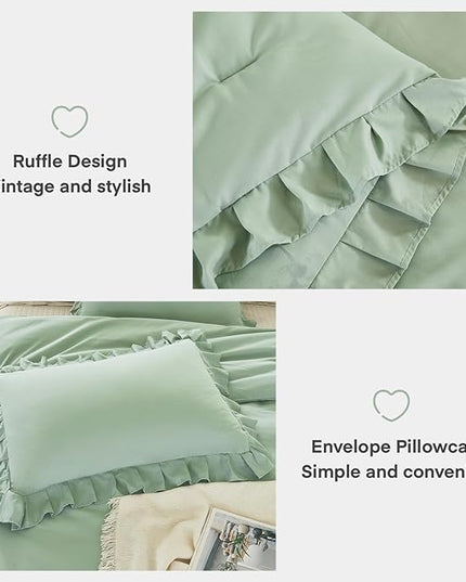 Andency Queen Size Comforter Set, Sage Green Ruffle Bedding Set, 3 Pieces Boho Comforter for Queen Bed, Farmhouse Ruffle Bed Comforter Set, Lightweight and Soft Bedding Comforter for All Seasons - LeafyLoom