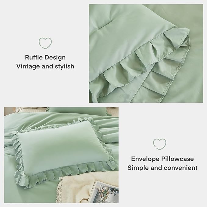 Andency Sage Green Comforter Set Full, 3 Pieces Lightweight Soft Ruffle Bed Comforter, Farmhouse Rustic Fluffy Microfiber Down Alternative Bedding Set (79x90Inch Comforter) - LeafyLoom