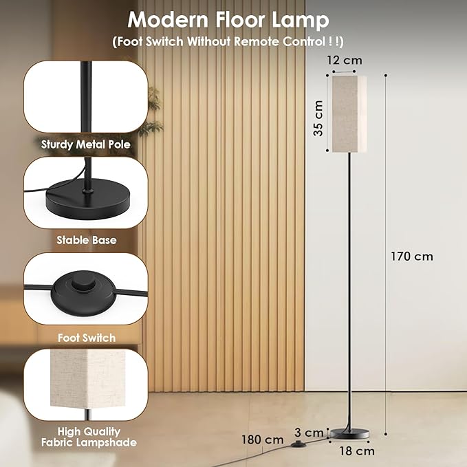 Living Room Floor Lamps, Square Floor Lamp Foot Control with 3 Color Temperatures, High Reading Light for Bedroom, Living Room, Office,Dimmable Lamps with 9W Bulb,Remote Control Not Included - LeafyLoom