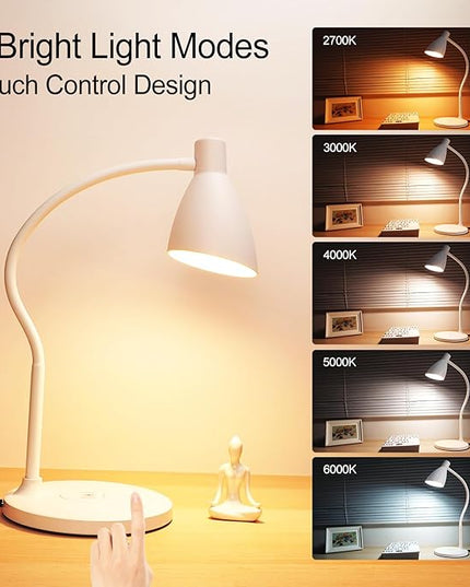 LED Desk Lamp with 15W Wireless Charger & USB Charging Port, 5 Colors, 6 Brightness Dimmable Reading Lamp Eye Care Touch Control Metal Table Lamp Flexible Gooseneck Desk Light for Home Office - LeafyLoom