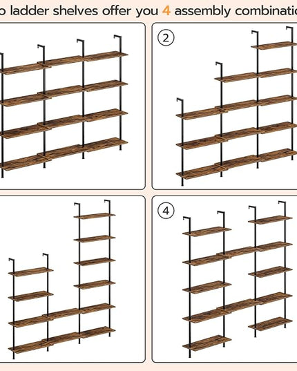 HOOBRO DIY Ladder Shelf, 6-Tier Wall Mounted Bookshelf, Office Vertical Bookcase, Wooden Storage Shelves for Home Office, Bedroom, Rustic Brown and Black BF65CJ01 - LeafyLoom