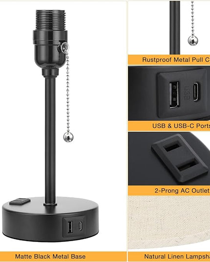 Beige Small Lamps 3 Levels Brightness - 2700K 3500K 5000K Bedside Lamps with USB C and A Ports, Pull Chain Table Lamps with AC Outlet, Nightstand Lamps with Black Metal Base for Bedroom Kids Reading - LeafyLoom