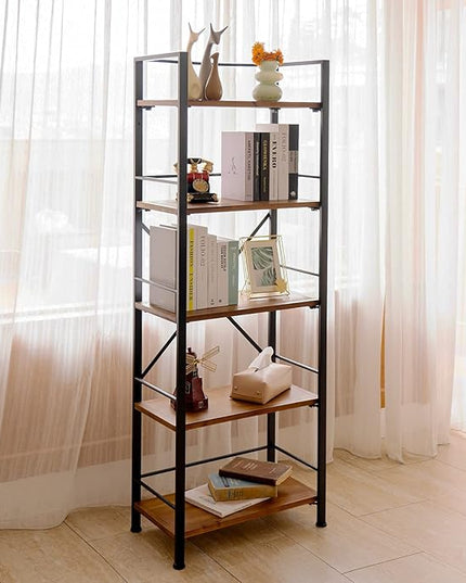 Rustic Bookshelf, 5 Tier Real Wood Bookshelf, Metal Book Shelf for Storage, Black Bookcase, 12.6" D x 23.62" W x 64.17" H - LeafyLoom