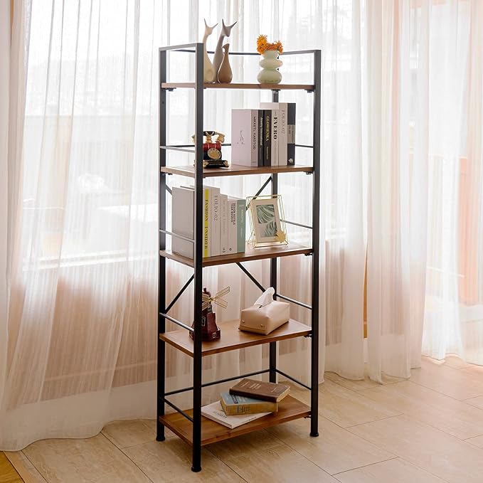 Rustic Bookshelf, 5 Tier Real Wood Bookshelf, Metal Book Shelf for Storage, Black Bookcase, 12.6" D x 23.62" W x 64.17" H - LeafyLoom