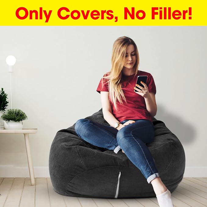 2 Pcs Bean Bag Cover Stuffed Animal Storage Bean Bag Chair Cover Soft Corduroy Stuffed Animal Bean Bag Storage for Kids Adults Indoor Bedroom Organizing Plush Toys(Black, 200L) - LeafyLoom