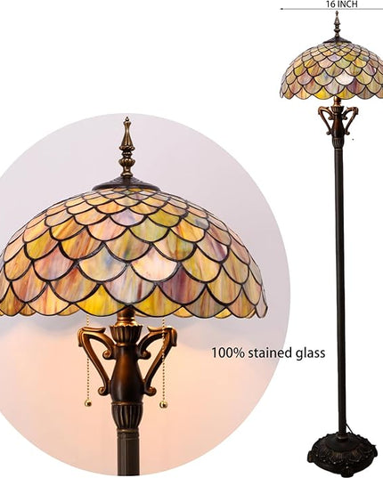 Tiffany Floor Lamp Stained Glass Standing Reading Light 16X16X64 Inch - Brown Fish Scales - LeafyLoom