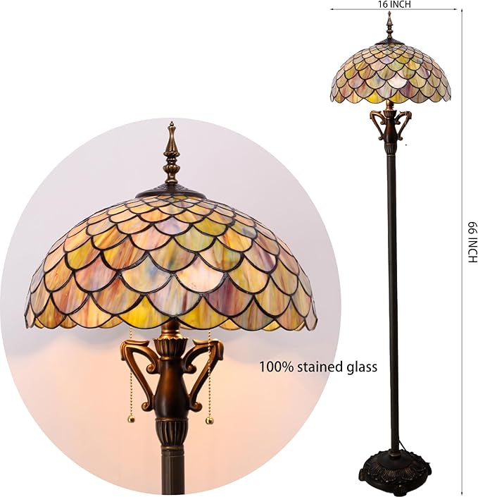 Tiffany Floor Lamp Stained Glass Standing Reading Light 16X16X64 Inch - Brown Fish Scales - LeafyLoom