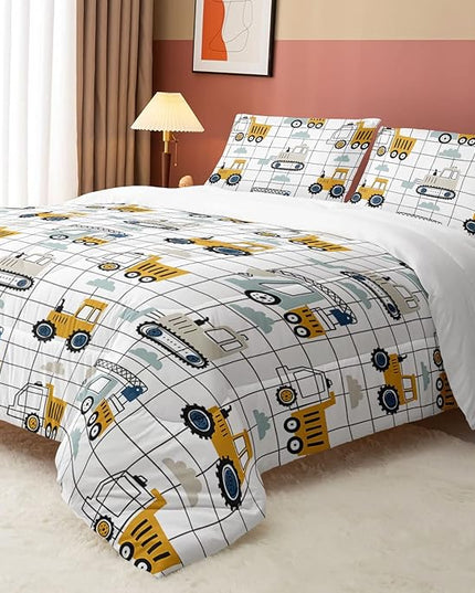 Datura home Construction Truck Set for Boys Kids Children, Machinery Excavators Vehicles Cartoon Tractor Bedding with 1 and 2 Pillowcases(ConstructionTruck Full), Full 80x90inches - LeafyLoom