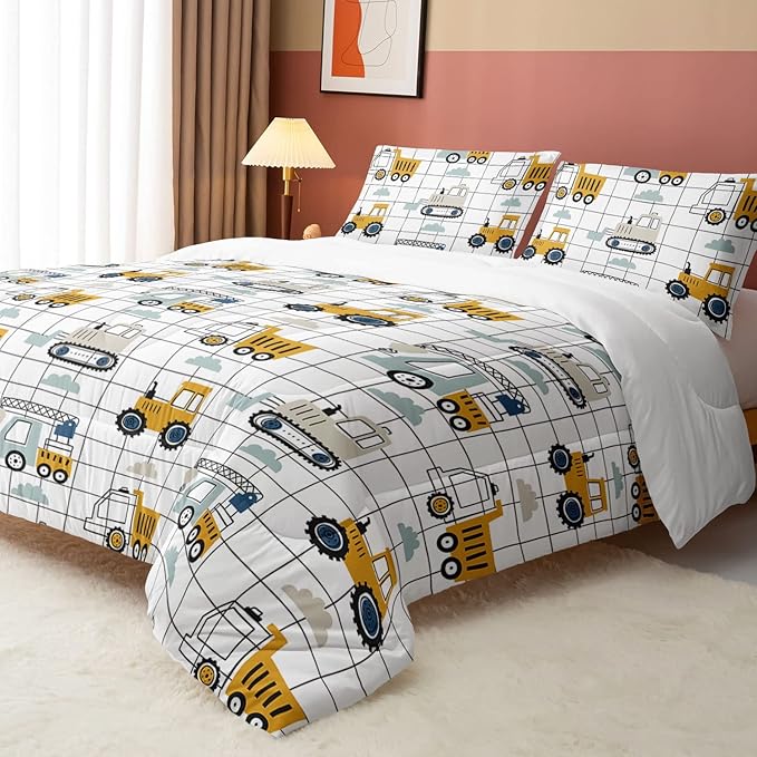 Datura home Construction Truck Comforter Set for Boys Kids Children,Machinery Truck Excavators Vehicles Cartoon Tractor Bedding Set with 1 Comforter and 2 Pillowcases(Construction Truck Twin) 68x86in - LeafyLoom