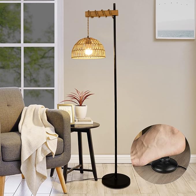 Floor Lamp for Living Room with 3 Color Temperatures and Stepless Dimmer, Smart Floor Lamp with Remote Control & APP, Tall Standing Lamp with Rattan Lampshade, Farmhouse Floor Lamps for Bedroom Office - LeafyLoom