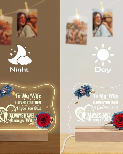 Yamonic Valentines Day Gifts for Her, Handmade Acrylic Plaque with Eternal Real Rose, Night Light with Preserved Rose Romantic Gifts for Girlfriend Wife Women (to My Wife) - LeafyLoom