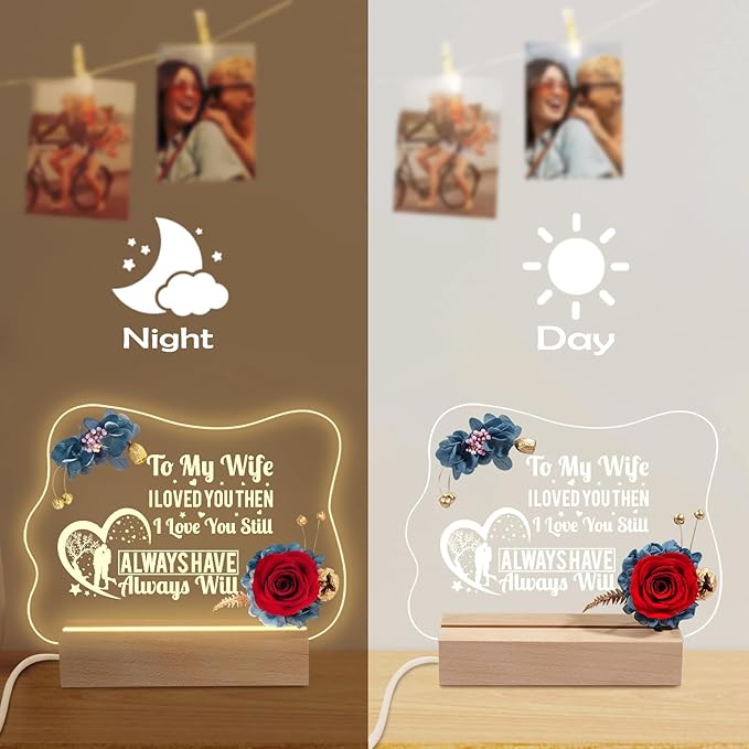 Yamonic Valentines Day Gifts for Her, Handmade Acrylic Plaque with Eternal Real Rose, Night Light with Preserved Rose Romantic Gifts for Girlfriend Wife Women (to My Wife) - LeafyLoom