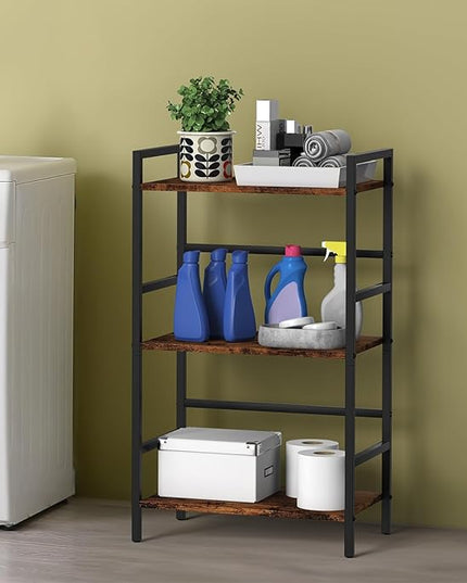 DOMYDEVM Small Bookshelf with Storage Organizer Shelf 3-Tier Wood Book Shelves with Metal Frame for Home Office, Bedroom, Living Room, Rustic Brown Bookshelf - LeafyLoom