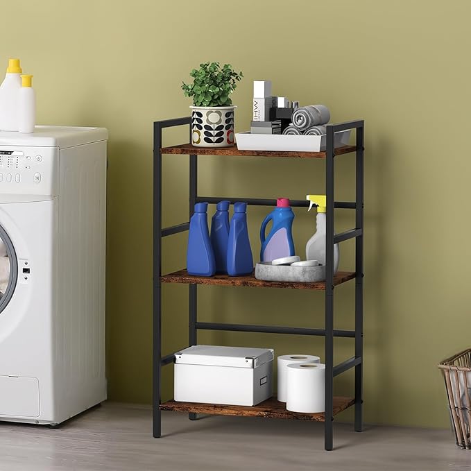 DOMYDEVM Small Bookshelf with Storage Organizer Shelf 3-Tier Wood Book Shelves with Metal Frame for Home Office, Bedroom, Living Room, Rustic Brown Bookshelf - LeafyLoom