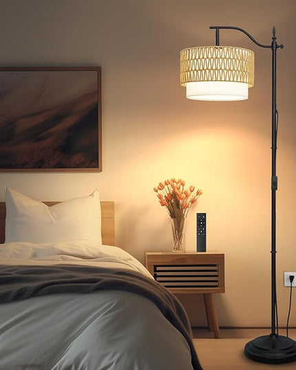 Frideko Rattan Floor Lamp with Remote Control & Dimmable LED Bulb, Boho Standing Lamp with 3 Color Temperatures, Bright Farmhouse Floor Light, Rustic Corner Floor Lamp, Tall Floor Lamp for Living Room - LeafyLoom