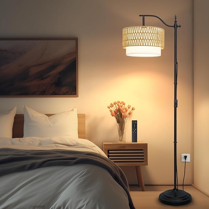 Frideko Rattan Floor Lamp with Remote Control & Dimmable LED Bulb, Boho Standing Lamp with 3 Color Temperatures, Bright Farmhouse Floor Light, Rustic Corner Floor Lamp, Tall Floor Lamp for Living Room - LeafyLoom