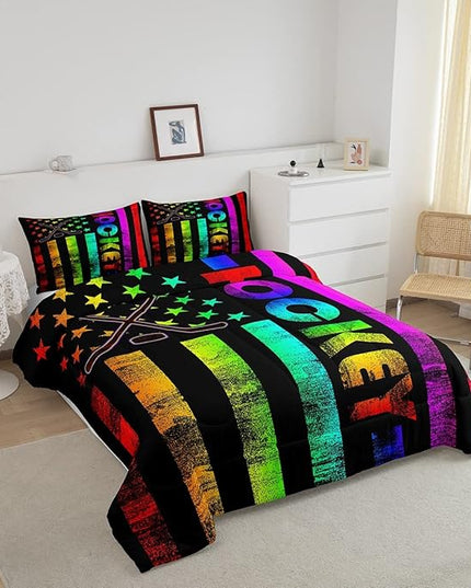 Erosebridal Boys Ice Hockey Bedding Set King Neon Rainbow American Flag Comforter Set for Kids Teen,Winter Sports Games Bed Comforter Set Retro Colorful Stripes Stars Quilt Duvet 2 Pillow Cases Black - LeafyLoom