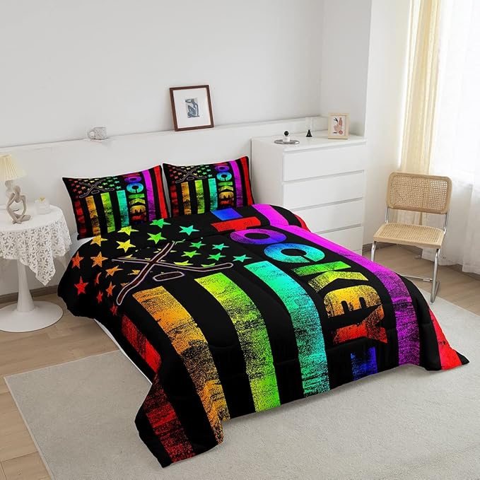 Erosebridal Boys Ice Hockey Bedding Set King Neon Rainbow American Flag Comforter Set for Kids Teen,Winter Sports Games Bed Comforter Set Retro Colorful Stripes Stars Quilt Duvet 2 Pillow Cases Black - LeafyLoom