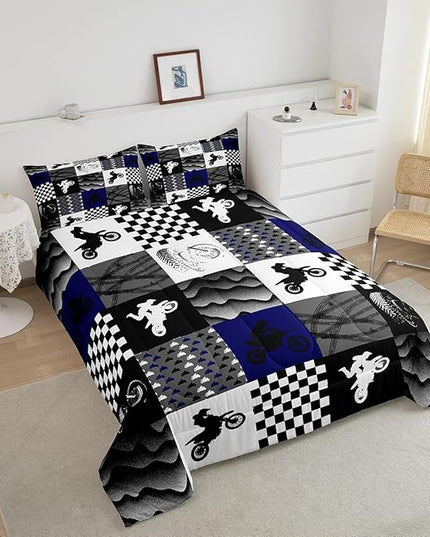 Dirt Bike Comforter Set, Motocross Rider Bedding Comforter Sets Queen, Motorcycle Grunge Down Comforter For Kids Boys Adult Men, Motorbike Extreme Sport Game Comforter, Buffalo Plaid, Blue Grey Black - LeafyLoom
