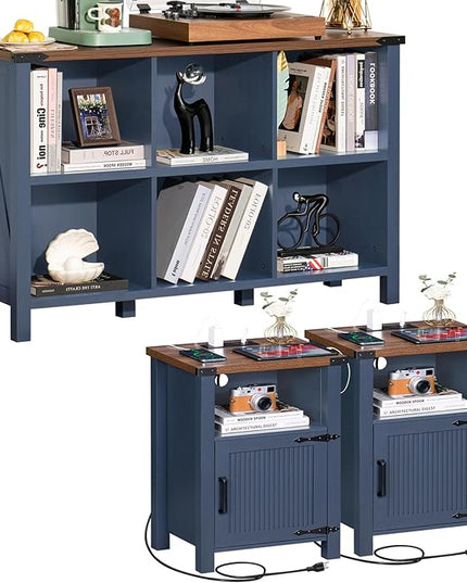 Night Stand Set of 2, 18 Inch Farmhouse Nightstand with with Charging Station and USB Port, Rustic Couch End Table with Magnetic Door, Wood Bed Side Tables for Bedroom, Home, Navy Blue - LeafyLoom