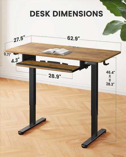 ErGear Large Electric Standing Desk with Keyboard Tray, 63x28 Inches Large Adjustable Height Sit Stand Up Desk, Home Office Desk Computer Workstation, Vintage Brown - LeafyLoom