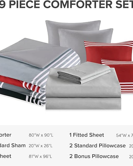 Comfort Spaces Comforter Sets with Sheets - Bed in a Bag 9 Pieces Teen Bedding Sets , Red and Grey Stripes Bedding Full, College Full Bed Set with 2 Side Pockets Bedroom Organizer - LeafyLoom