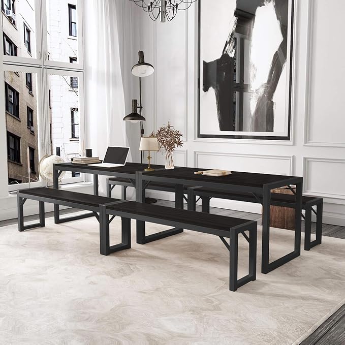 Allewie 3-Piece Kitchen Dining Table Sets with Benches, Sturdy Triangle Structure, Space-Saving, Multifunctional for Dining Room/Living Room/Studio, Black & Black - LeafyLoom