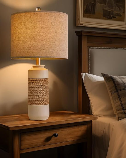 OYEARS 23.75" Bedside Table Lamps Set of 2 for Sleeping and Reading, Vintage Farmhouse Rattan Table Lamp Antique White Resin Lamp for Decoration, Office Living Room Bedside Table - LeafyLoom