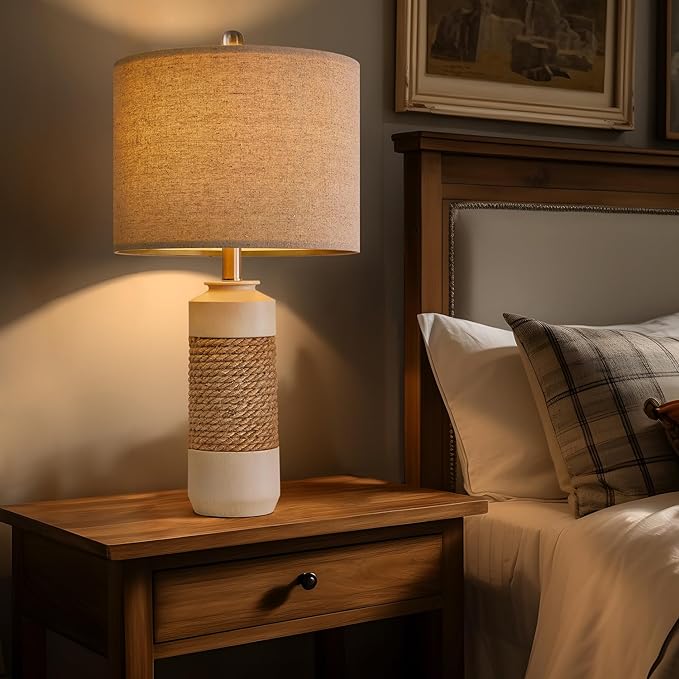 OYEARS 23.75" Bedside Table Lamps Set of 2 for Sleeping and Reading, Vintage Farmhouse Rattan Table Lamp Antique White Resin Lamp for Decoration, Office Living Room Bedside Table - LeafyLoom