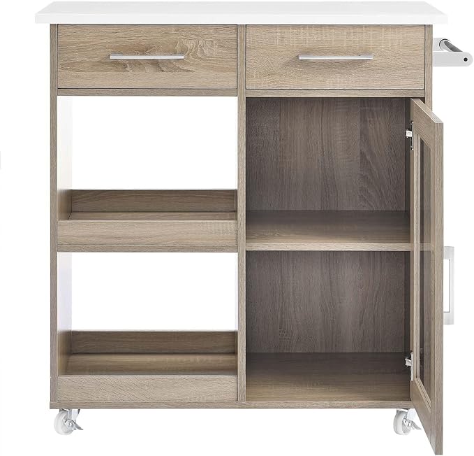 Modway Culinary Rolling Kitchen Cart with Storage in Oak White - 3 Tiers Kitchen Island on Wheels with Towel Bar, Functional as a Coffee Station, Bar Cabinet or Butcher Block Island - LeafyLoom