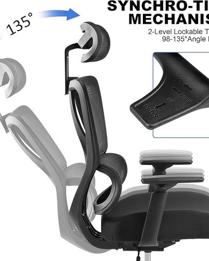 Ergonomic Office Chair, High Back Desk Chairs with Adjustabke Headrest & 3D Armrest, Swivel Executive Chair for Home Office, Black - LeafyLoom