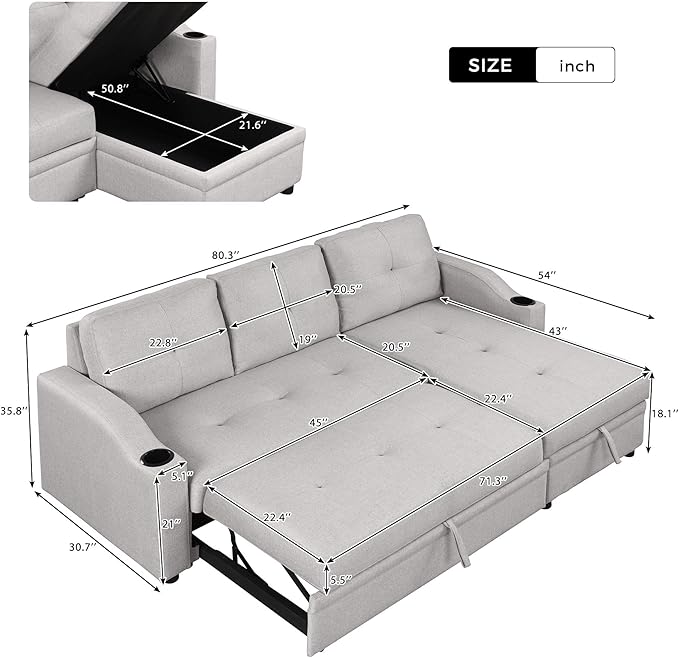 80.3'' L-Shape Convertible Sleeper Sectional Sofa with Storage Chaise and Pull-Out Bed, Linen Upholstered Reversible Corner Couch w/Tufted Cushions &Cup Holder, for Living Room, Apartment - LeafyLoom