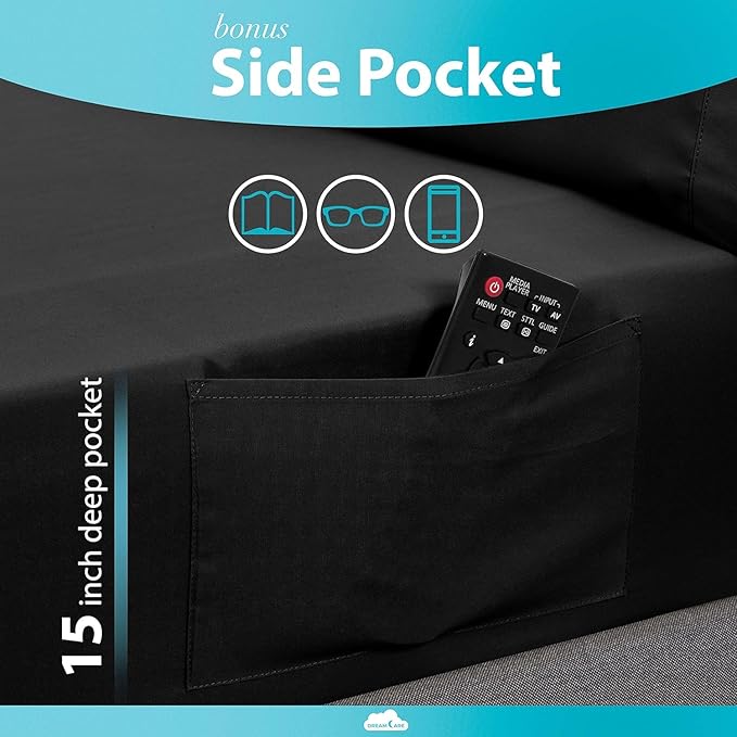 DREAMCARE Twin XL Sheet Sets - Cooling Bed Sheets - 4pcs Set - up to 15" Deep Pocket Twin XL Sheets - XL Twin Sheet Set – Soft & Long Lasting 100% Fine Brushed Polyester with Side Pocket - Black - LeafyLoom