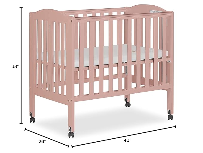 2-in-1 Portable Folding Stationary Side Crib in Dusty Pink, Greenguard Gold Certified, Two Adjustable Mattress Height Positions,Made of Solid Pinewood, Flat Folding Crib - LeafyLoom