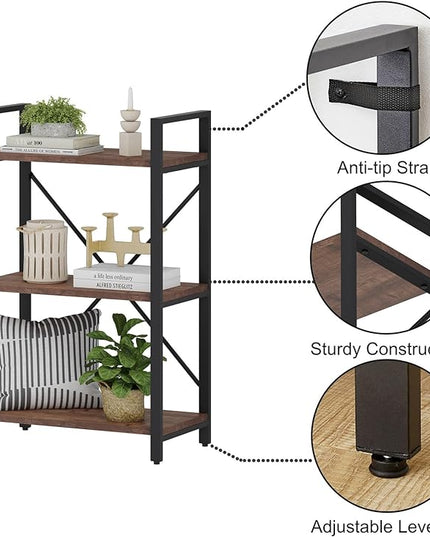 BON AUGURE 3 Tier Industrial Bookshelf, Office Small Open Book Shelf for Small Space, Short Wooden Etagere Bookcase (Rustic Oak) - LeafyLoom