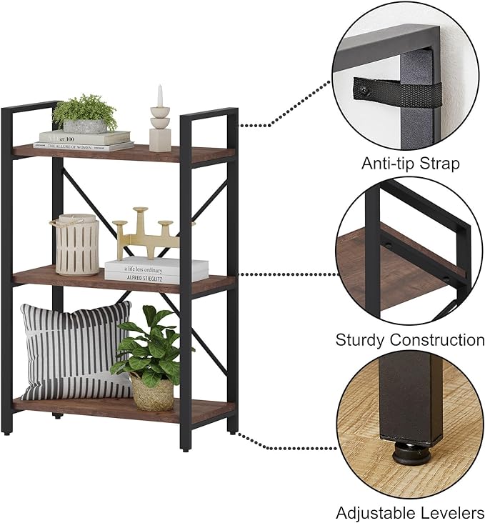 BON AUGURE 3 Tier Industrial Bookshelf, Office Small Open Book Shelf for Small Space, Short Wooden Etagere Bookcase (Rustic Oak) - LeafyLoom